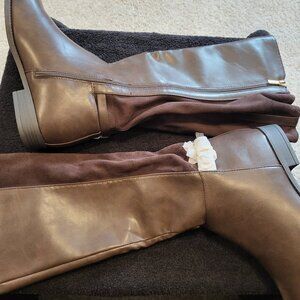 Avenue size 11w Brown leather & brush suede knee high boots with buckles NWT